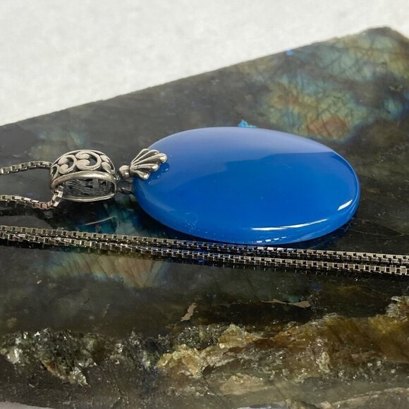 Sterling Silver 925 Oval Blue Chalcedony Quartz Scrollwork Pendant Necklace 20" - Picture 7 of 16
